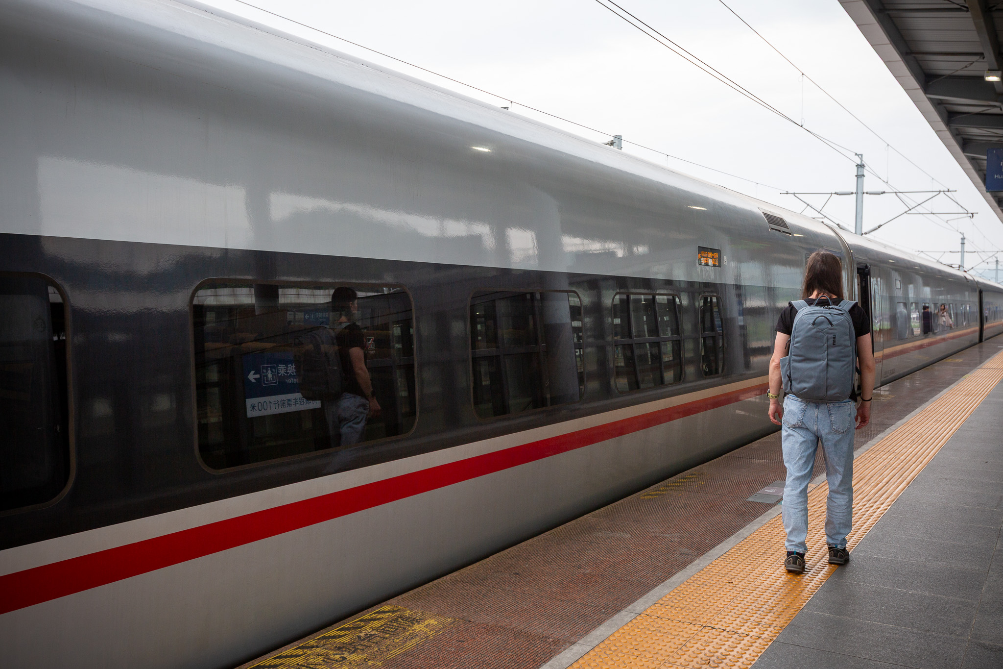 Maca kráča popri vlaku Maglev na nastupišti