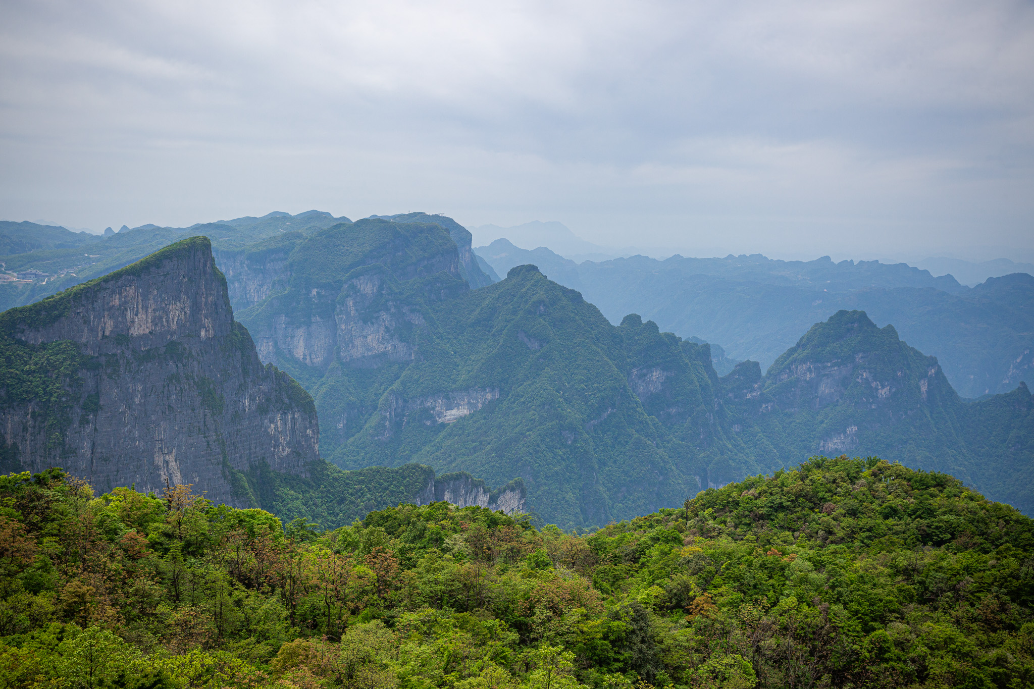 Hmlistý panoramatický výhľad na krasové pohorie Tianmen Mountain so zalesnenými pilierovými horami a hlbokým údolím.