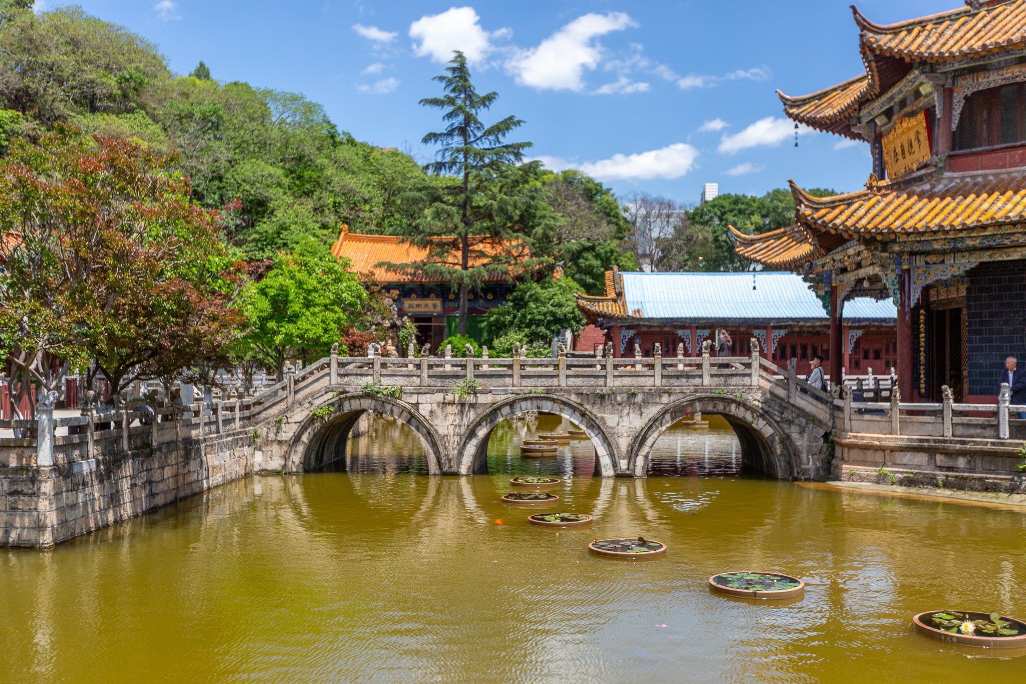 Mostík nad jazierkom v areáli Yuantong Temple, Kunming, Čína.